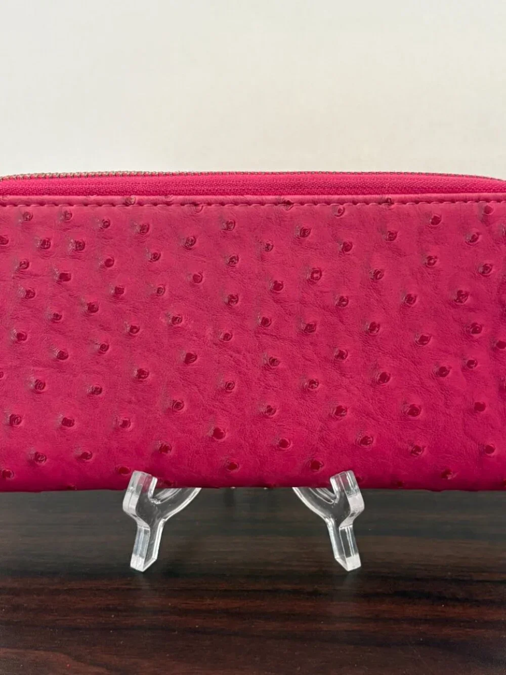 Fuchsia Ostrich Leather Continental Zip Wallet Gold Hardware Barbiecore